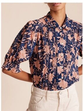 Trovata Gemma Paloma SMALL Cotton Button up in Navy and Peach Floral print Bouse